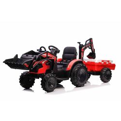 Dječji traktor na akumulator TOP-WORKER 12V s grabilicama i prikolicom, jednosjed, crveni, mekano PU sjedalo, daljinski upravljač, MP3 player s USB ulazom, stražnji pogon, 2 x 45W motor, EVA kotači, Litijeva baterija