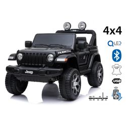 Dječji auto na akumulator JEEP Wrangler, crni, duplo kožno sjedalo, jednosjed, radio s Bluetooth i USB ulazom, 4x4 pogon, Litijeva baterija, EVA kotači, ovjes osovina, 2.4 GHz daljinsko upravljanje, licencirani