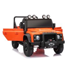 Električni autić Land Rover Defender 110 SVX 12V, narančasti, 4X4 pogon, LED svjetla, ovjes prednjih i stražnjih kotača, 2.4 GHz daljinski upravljač, USB/Aux ulaz, Bluetooth, litijeva baterija, 4 X 25W motor, ORIGINALNA registracija