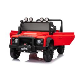 Električni autić Land Rover Defender 110 SVX 12V, crveni, 4X4 pogon, LED svjetla, ovjes prednjih i stražnjih kotača, 2.4 GHz daljinski upravljač, USB/Aux ulaz, Bluetooth, litijeva baterija, 4 X 25W motor, ORIGINALNA registracija