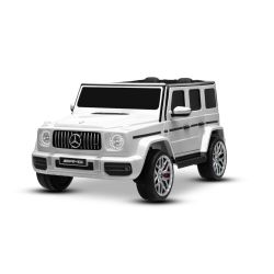 Električni autić Mercedes-Benz G63 AMG 4x4 Dvosjed 24V, bijeli, MP3 player s USB/AUX i Bluetooth priključkom, 4x4 pogon, litijeva baterija, EVA kotači s ovjesom, umjetna koža, daljinski upravljač, licencirani