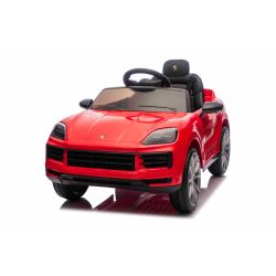 Električni autić Porsche Cayenne 12V sa stražnjim pogonom i registracijom (jedno sjedalo), crveni, litijeva baterija, široko sjedalo, ovjesne osovine, 2,4 GHz daljinski upravljač, MP3 player s USB/AUX ulazom, LED svjetla