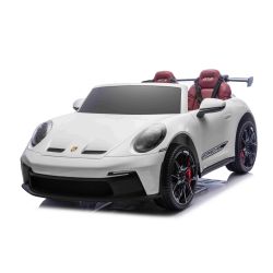 Električni autić Porsche 911 GT3 24V s 4x4 pogonom, bijeli, dvosjedno sjedalo, 2,4 GHz daljinski upravljač, USB/AUX ulaz, 200W motori, ovjes, litijeva baterija, LED svjetla sprijeda i straga, ORIGINALNA registracija