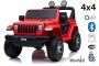 Dječji auto na akumulator JEEP Wrangler, crveni, duplo kožno sjedalo, jednosjed, radio s Bluetooth i USB ulazom, 4x4 pogon, Litijeva baterija, EVA kotači, ovjes osovina, 2.4 GHz daljinsko upravljanje, licencirani