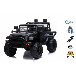 Dječji auto na akumulator OFFROAD s pogonom na zadnjim kotačima, crni, 12V baterija, visoko podvozje, široko sjedalo, ovjes osovina, 2,4 GHz daljinsko upravljanje, MP3 uređaj s USB/SD ulazima, LED svjetla