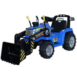 Dječji traktor na akumulator MASTERS s grabilicom, plavi, pogon na stražnjim kotačima, 12V baterija, motori 2 x 25W, prednja grabilica, široko plastično sjedalo, 2,4 GHz daljinski upravljač, MP3 uređaj s AUX ulazom, LED svjetla