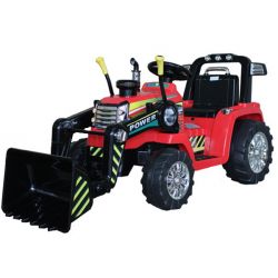 Dječji traktor na akumulator MASTERS s grabilicom, crveni, pogon na stražnjim kotačima, 12V baterija, motori 2 x 25W, prednja grabilica, široko plastično sjedalo, 2,4 GHz daljinski upravljač, MP3 uređaj s AUX ulazom, LED svjetla