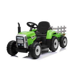 Dječji traktor na akumulator WORKERS s prikolicom, zeleni, pogon na stražnjim kotačima, 12V baterija, široko plastično sjedalo, 2.4 GHz daljinsko upravljanje, MP3 uređaj - USB/Bluetooth, LED svjetla