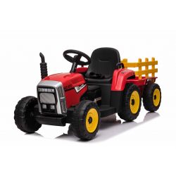 Dječji traktor na akumulator WORKERS s prikolicom, crveni, pogon na stražnjim kotačima, 12V baterija, široko plastično sjedalo, 2.4 GHz daljinsko upravljanje, MP3 uređaj - USB/Bluetooth, LED svjetla