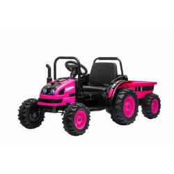 Dječji traktor na akumulator POWER s prikolicom, pink, pogon na stražnjim kotačima, 12V baterija, plastični kotači, široko sjedalo, 2,4 GHz daljinski upravljač, jednosjed, MP3 uređaj, LED svjetla
