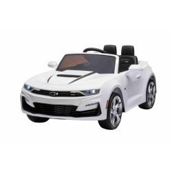 Dječji auto na akumulator Chevrolet Camaro, bijeli, originalna licenca, baterija 12V, vrata na otvaranje, kožno sjedalo, 2x 35W motor, LED svjetla, 2,4 Ghz daljinski upravljač, mekani EVA kotači, glatko pokretanje