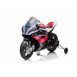 Dječji motocikl na akumulator BMW HP4 RACE 12V, licencirani, crveni, 12V baterija, EVA mekani kotači, motori 2 x 35 W, ovjes, metalni okvir, metalne vilice, pomoćni kotači