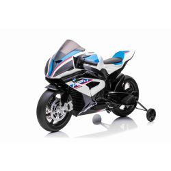 Dječji motocikl na akumulator BMW HP4 RACE 12V, licencirani, bijeli, 12V baterija, EVA mekani kotači, motori 2 x 35 W, ovjes, metalni okvir, metalne vilice, pomoćni kotači