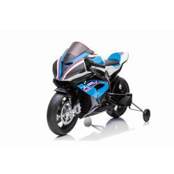 Dječji motocikl na akumulator BMW HP4 RACE 12V, licencirani, plavi, 12V baterija, EVA mekani kotači, motori 2 x 35 W, ovjes, metalni okvir, metalne vilice, pomoćni kotači