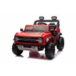 Električni autić Ford Bronco XL s pogonom na stražnje kotače, licenciran (dvosjed), crveni, litijska baterija, visoka šasija, dva sjedala, ovjes stražnje osovine, daljinski upravljač 2,4 GHz, MP3 player s USB ulazom, LED svjetla