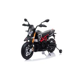 Električni dječji motocikl APRILIA DORSODURO 900, licencirani, 12 V, mekani kotači EVA, motor 2 x 18 W, 12V baterija, ovjes, metalni okvir, metalna vilica, pomoćni kotači, crni