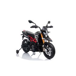 Električni dječji motocikl APRILIA DORSODURO 900, licencirani, 12 V, mekani kotači EVA, motor 2 x 18 W, 12V baterija, ovjes, metalni okvir, metalna vilica, pomoćni kotači, sivi