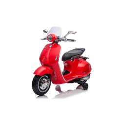 Električni motocikl Vespa 946 također sa rikverc, crvena, sa pomoćnim kotačima, Licenca, 2 x 6V Baterija, 2x 30W Motor, Kožno sjedalo, MP3 Player sa USB ulazom