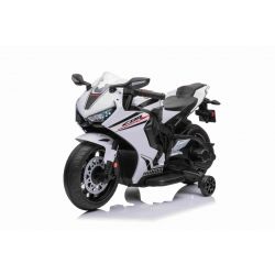 Dječji motocikl na akumulator HONDA CBR 1000RR, licencirani, 12V baterija, sjedalo od skaja, plastični kotači, 30W motor, LED svjetla, masivni okvir, pomoćni kotači, bijeli