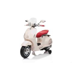 Električni motocikl Vespa 946 također sa rikverc, bijeli, sa pomoćnim kotačima, Licenca, 2 x 6V Baterija, 2x 30W Motor, Kožno sjedalo, MP3 Player sa USB ulazom