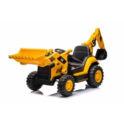 Licencirani Caterpillar električni bager s nagibnom i iskopnom žlicom, jedno sjedalo, žuta boja, USB ulaz na MP3 playeru, stražnji pogon s 2 x 30W motora i litijevom baterijom