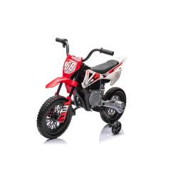 Električni motocikl MOTOCROSS, crveni, 12V baterija, EVA mekani kotači, kožno sjedalo, 2 x 25W motor, ovjes, metalni okvir, MP3 player s Bluetoothom, pomoćni kotači