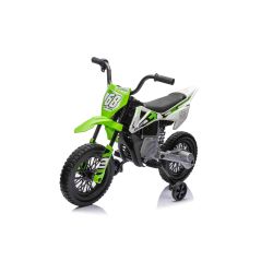 Električni motocikl MOTOCROSS, zeleni, 12V baterija, EVA mekani kotači, kožno sjedalo, 2 x 25W motor, ovjes, metalni okvir, MP3 player s Bluetoothom, pomoćni kotači