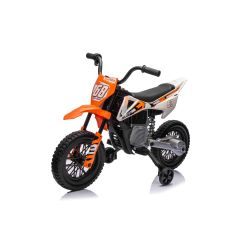 Električni motocikl MOTOCROSS, narančasti, 12V baterija, EVA mekani kotači, kožno sjedalo, 2 x 25W motor, ovjes, metalni okvir, MP3 player s Bluetoothom, pomoćni kotači