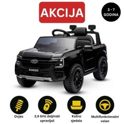 Električni autić FORD Ranger 12V, crna, Kožno sjedalo, 2,4 GHz daljinski upravljač, Bluetooth / USB ulaz, Ovjes, 12V baterija, Plastični kotači, 2 X 30W MOTOR, ORIGINALNA licenca
