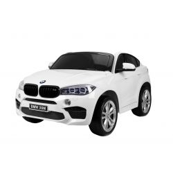 Dječji auto na akumulator BMW X6 M, bijeli, dva kožna sjedala, 2 x 120W, original licenca, vrata na otvaranje, električne kočnice, 2x motor, 12V10Ah baterija, 2.4 Ghz daljinsko upravljanje, mekani EVA kotači, lagani start
