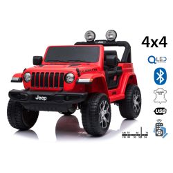 Dječji auto na akumulator JEEP Wrangler, crveni, duplo kožno sjedalo, jednosjed, radio s Bluetooth i USB ulazom, 4x4 pogon, Litijeva baterija, EVA kotači, ovjes osovina, 2.4 GHz daljinsko upravljanje, licencirani