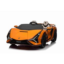 Električni automobil Lamborghini Sian 4X4, narančasti, 12V, 2.4 GHz daljinski upravljač, USB / AUX ulaz, Bluetooth, ovjes, vrata s vertikalnim otvaranjem, mekani EVA kotači, LED svjetla, ORIGINALNA licenca