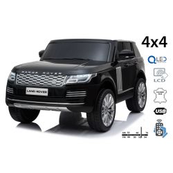 Dječji auto na akumulator Range Rover, crni, dva kožna sjedala, LCD zaslon s USB ulazom, 4x4 pogon, 2x 12V7Ah baterija, EVA kotači, ovjes osovina, paljenje na ključ, 2.4 GHz Bluetooth daljinski upravljač