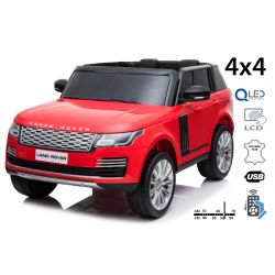 Dječji auto na akumulator Range Rover, crveni, dva kožna sjedala, LCD zaslon s USB ulazom, 4x4 pogon, 2x 12V7Ah baterija, EVA kotači, ovjes osovina, paljenje na ključ, 2.4 GHz Bluetooth daljinski upravljač