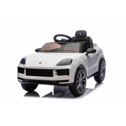 Električni autić Porsche Cayenne 12V sa stražnjim pogonom i registracijom (jedno sjedalo), bijeli, litijeva baterija, široko sjedalo, ovjesne osovine, 2,4 GHz daljinski upravljač, MP3 player s USB/AUX ulazom, LED svjetla